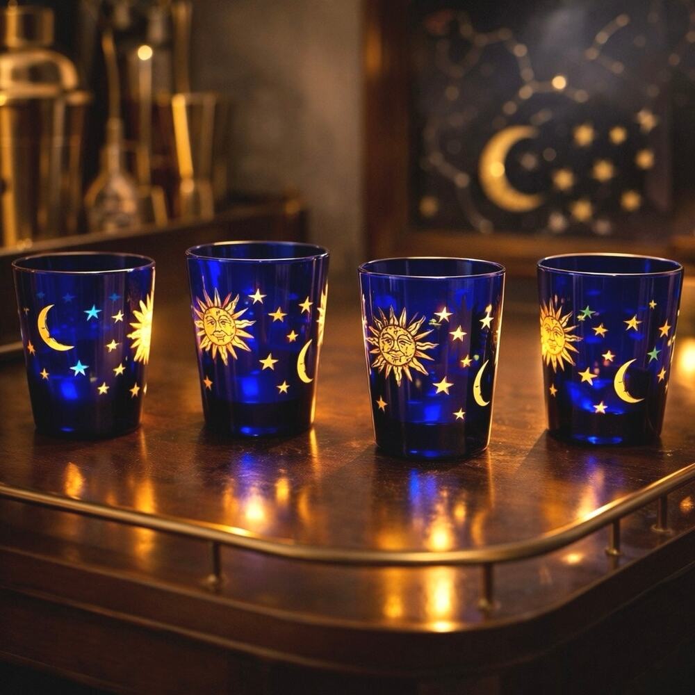 Libbey Cobalt Blue Glasses with Gold Sun and Moon Motif